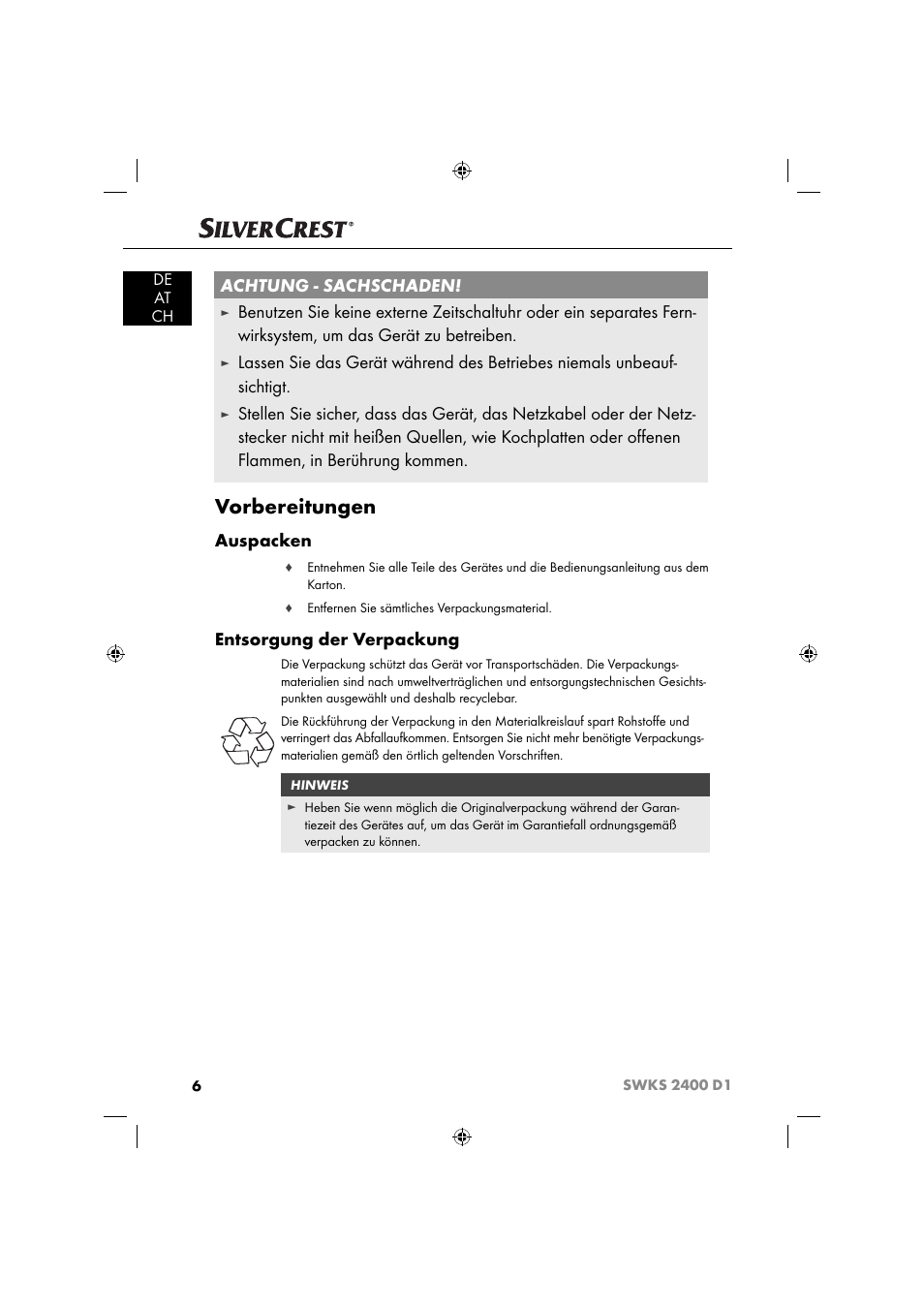 Vorbereitungen, Achtung - sachschaden, Auspacken | Entsorgung der verpackung, De at ch | Silvercrest SWKS 2400 D1 User Manual | Page 9 / 51