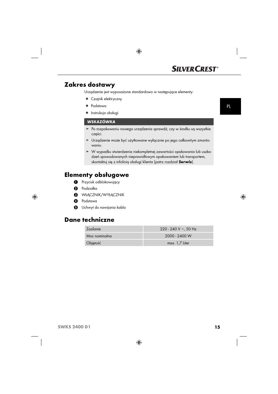 Zakres dostawy, Elementy obsługowe, Dane techniczne | Silvercrest SWKS 2400 D1 User Manual | Page 18 / 76