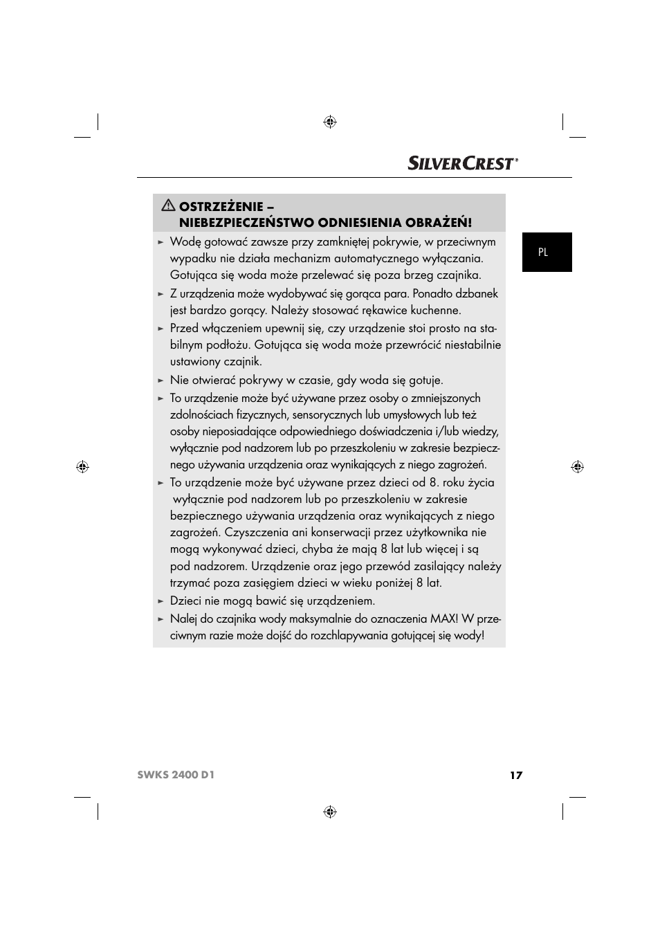 Nie otwierać pokrywy w czasie, gdy woda się gotuje, Dzieci nie mogą bawić się urządzeniem | Silvercrest SWKS 2400 D1 User Manual | Page 20 / 76