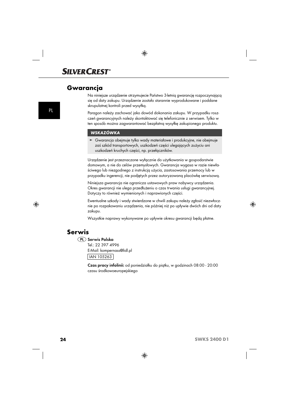 Gwarancja, Serwis | Silvercrest SWKS 2400 D1 User Manual | Page 27 / 76