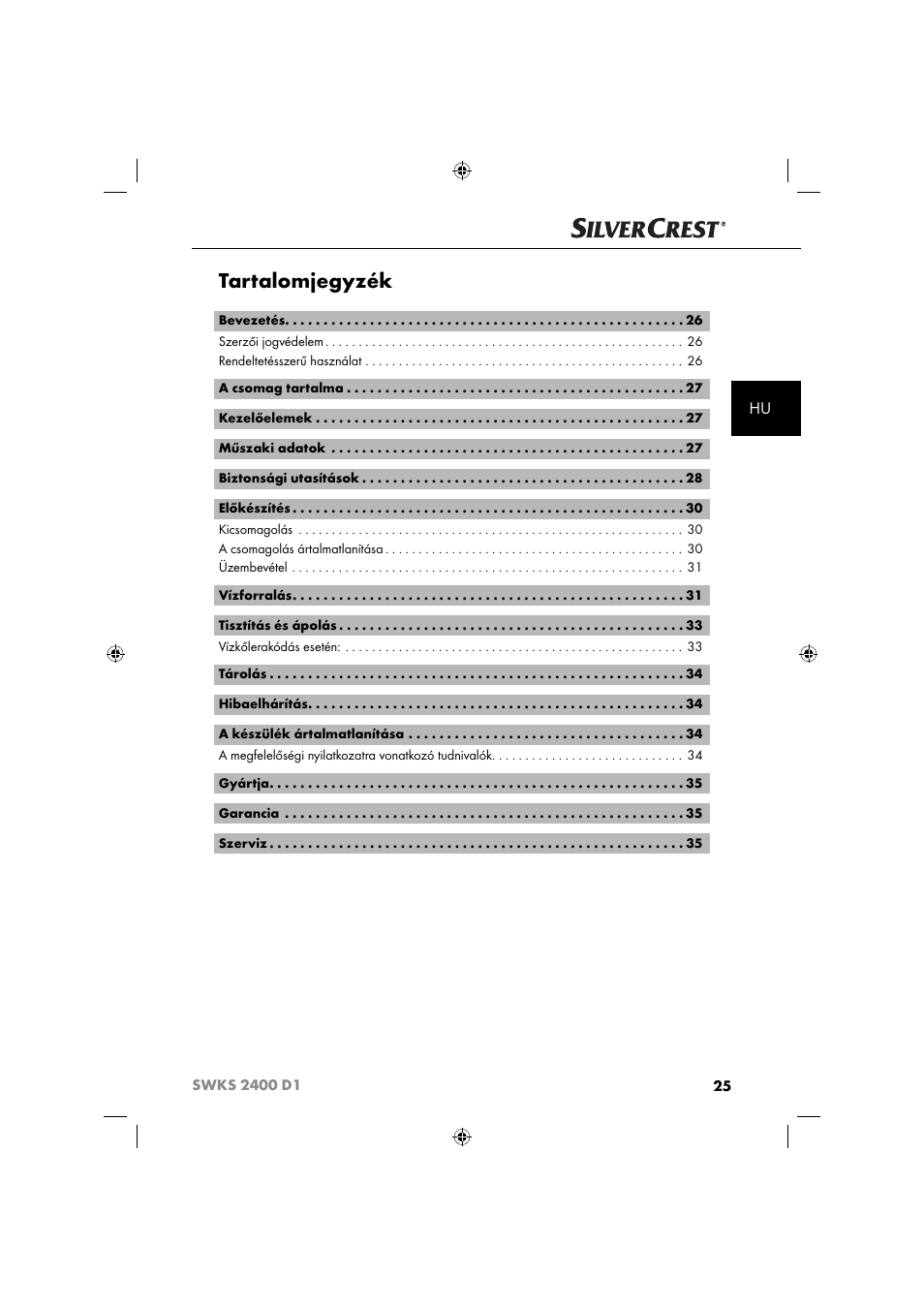 Tartalomjegyzék | Silvercrest SWKS 2400 D1 User Manual | Page 28 / 76