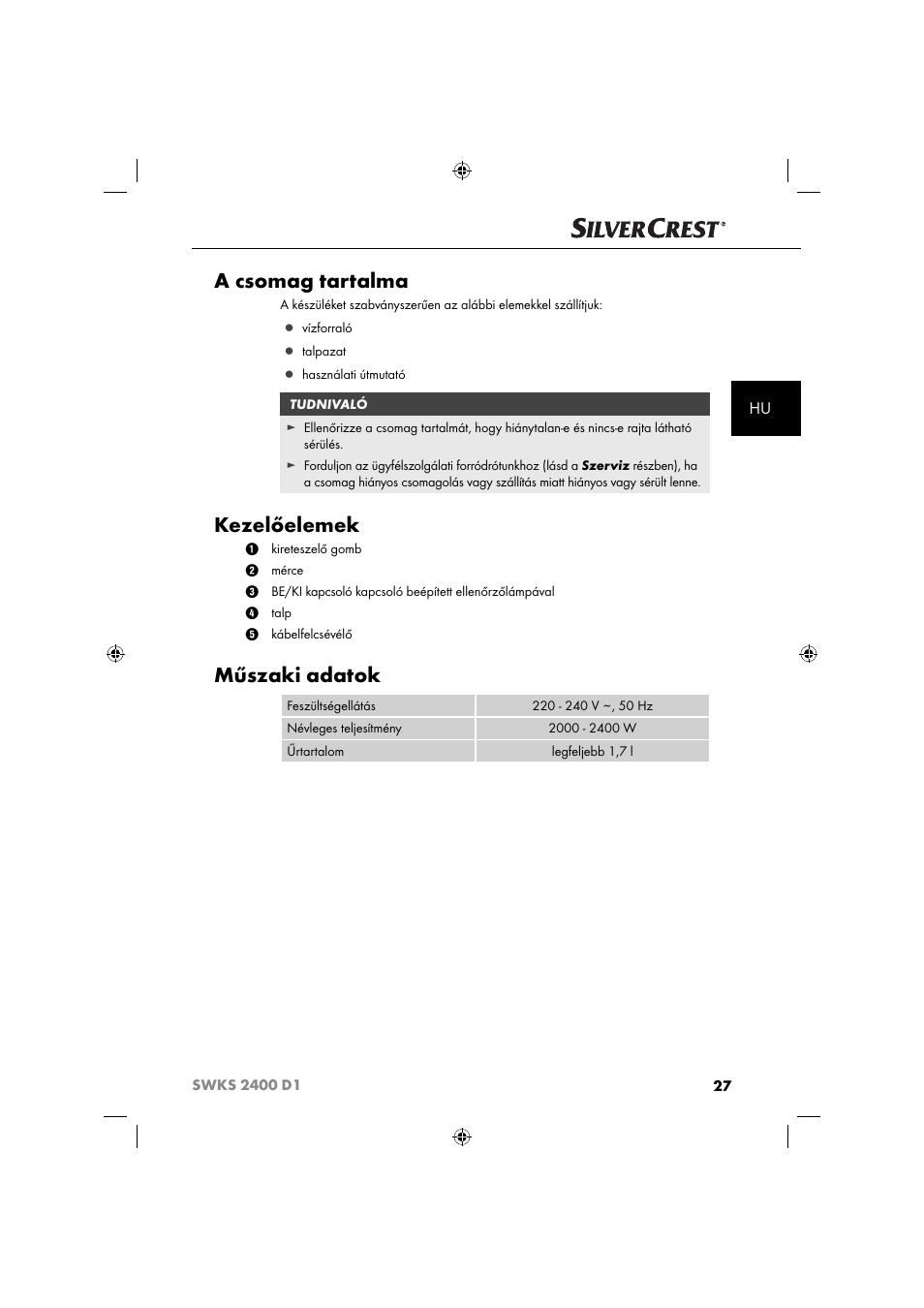 A csomag tartalma, Kezelőelemek, Műszaki adatok | Silvercrest SWKS 2400 D1 User Manual | Page 30 / 76