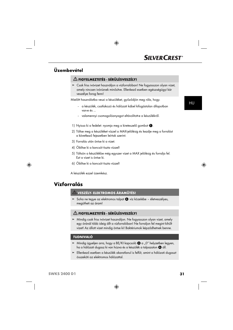 Vízforralás, Üzembevétel | Silvercrest SWKS 2400 D1 User Manual | Page 34 / 76