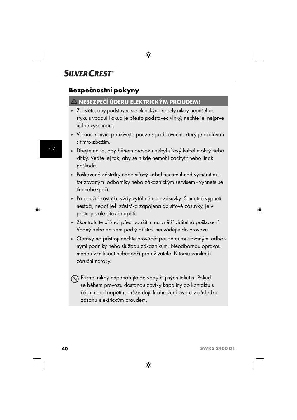 Bezpečnostní pokyny, Nebezpečí úderu elektrickým proudem | Silvercrest SWKS 2400 D1 User Manual | Page 43 / 76