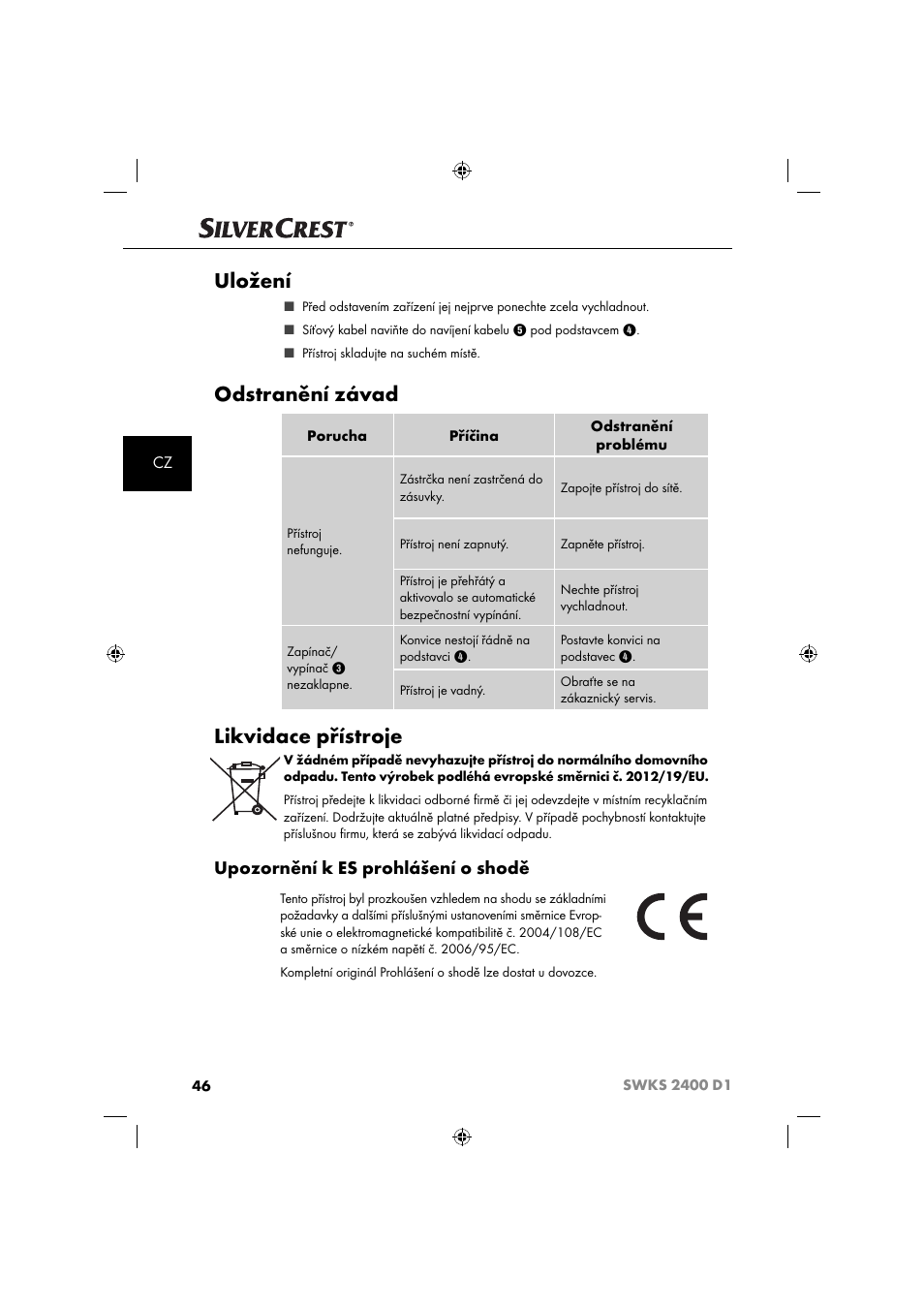Uložení, Odstranění závad, Likvidace přístroje | Upozornění k es prohlášení o shodě | Silvercrest SWKS 2400 D1 User Manual | Page 49 / 76