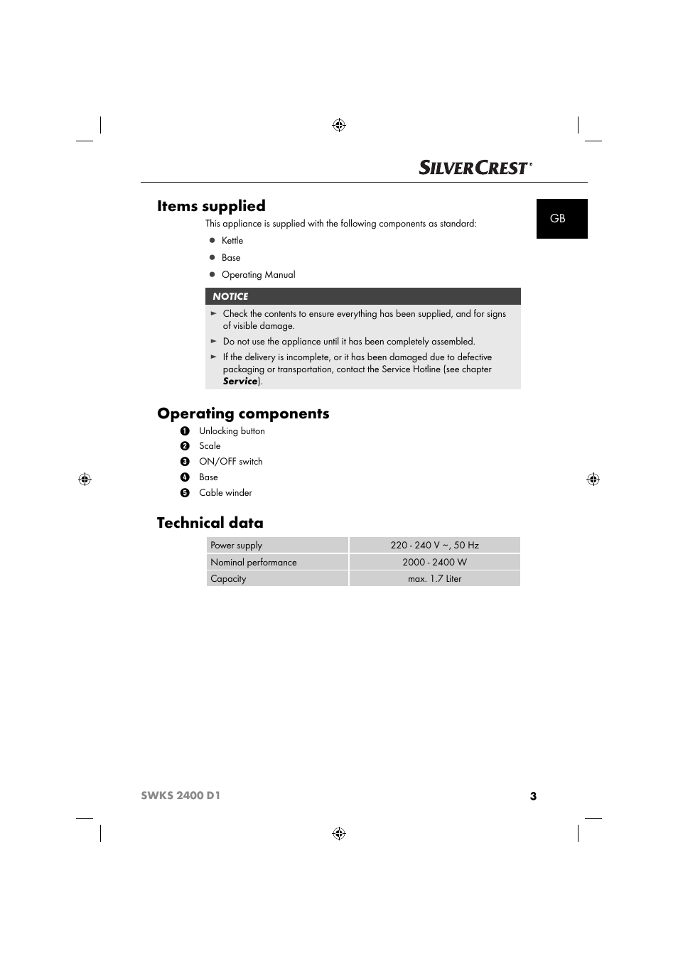 Items supplied, Operating components, Technical data | Silvercrest SWKS 2400 D1 User Manual | Page 6 / 76