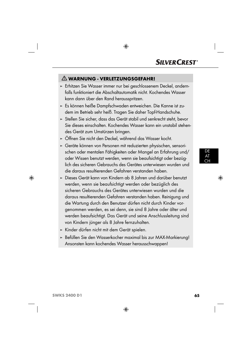 Warnung - verletzungsgefahr, Kinder dürfen nicht mit dem gerät spielen | Silvercrest SWKS 2400 D1 User Manual | Page 68 / 76
