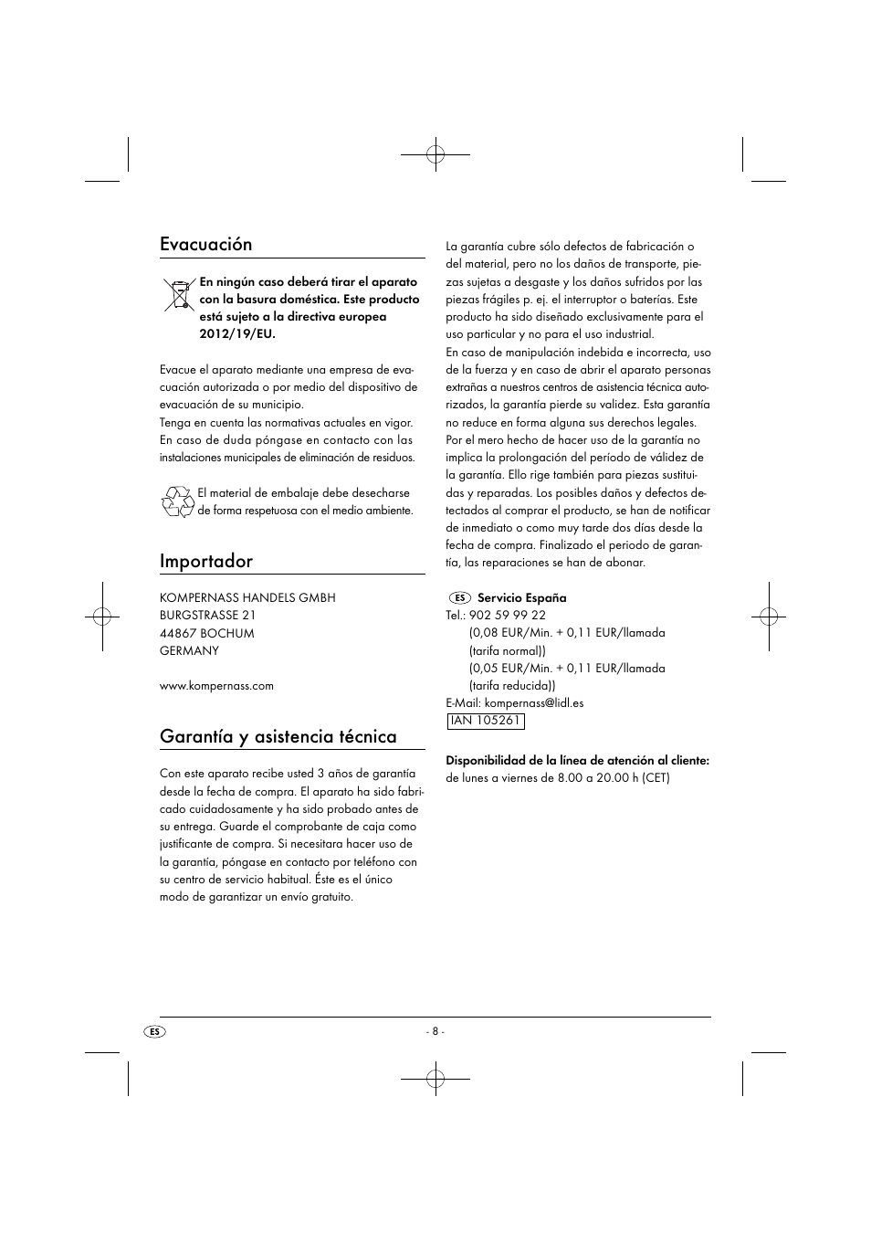 Evacuación, Importador, Garantía y asistencia técnica | Silvercrest SMZ 260 G1 User Manual | Page 11 / 44