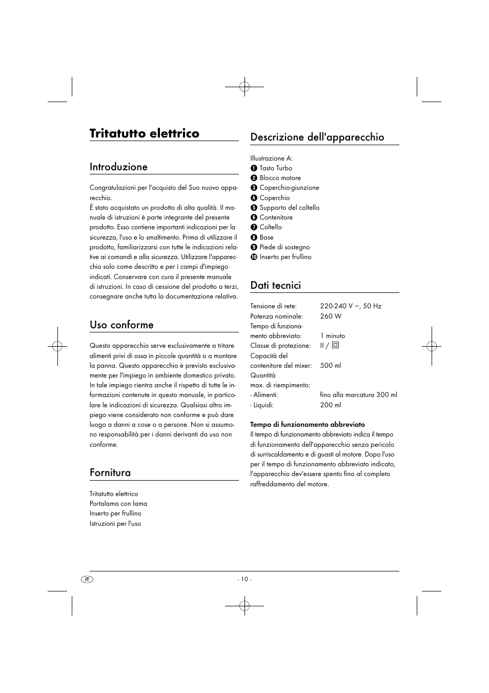 Tritatutto elettrico, Introduzione, Uso conforme | Fornitura, Descrizione dell'apparecchio, Dati tecnici | Silvercrest SMZ 260 G1 User Manual | Page 13 / 44