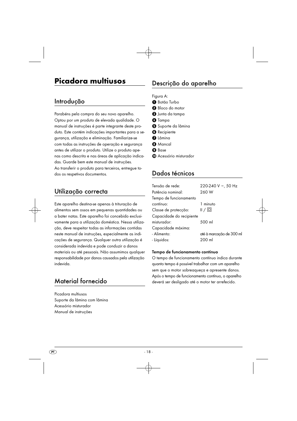 Picadora multiusos, Introdução, Utilização correcta | Material fornecido, Descrição do aparelho, Dados técnicos | Silvercrest SMZ 260 G1 User Manual | Page 21 / 44