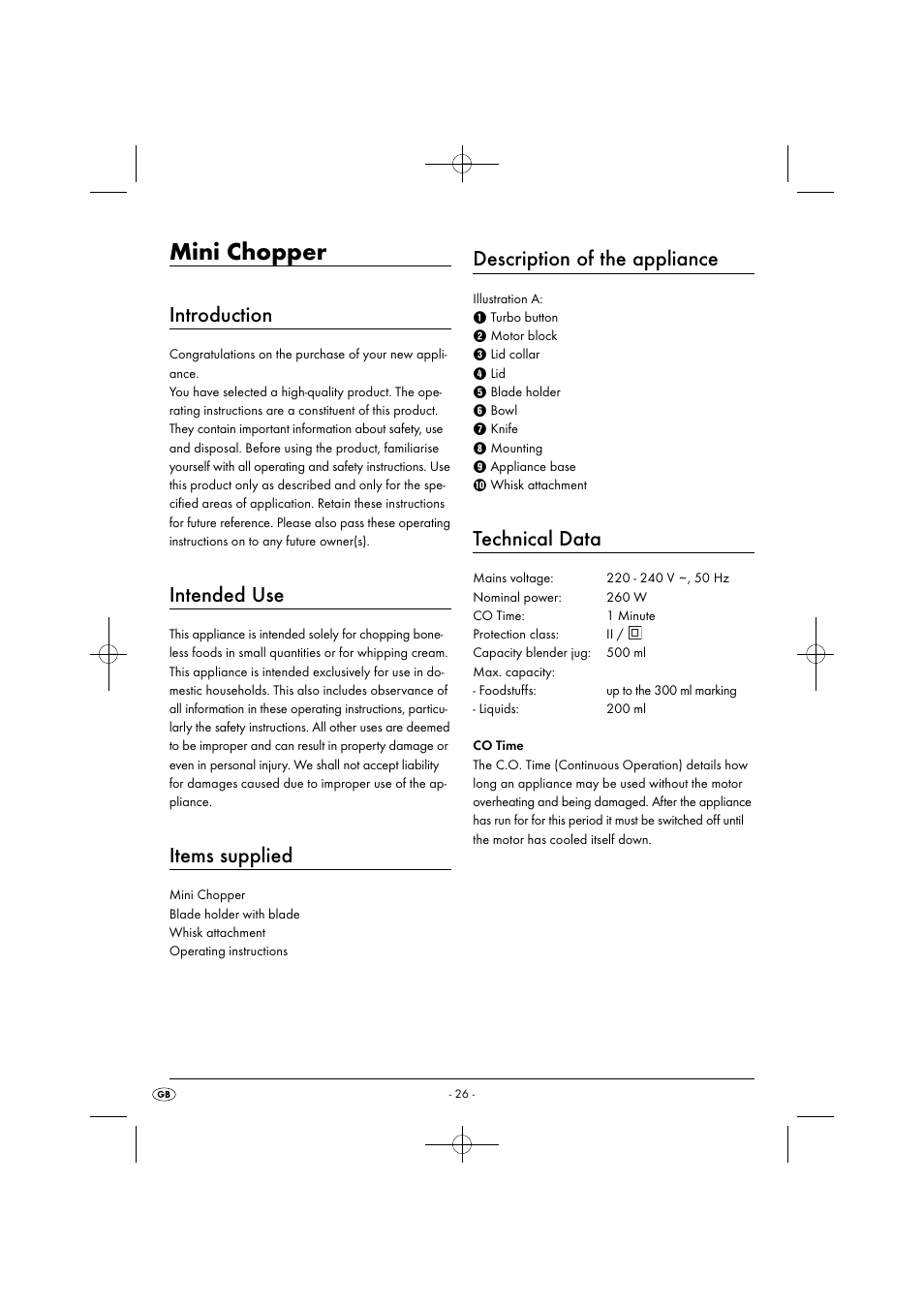 Mini chopper, Introduction, Intended use | Items supplied, Description of the appliance, Technical data | Silvercrest SMZ 260 G1 User Manual | Page 29 / 44