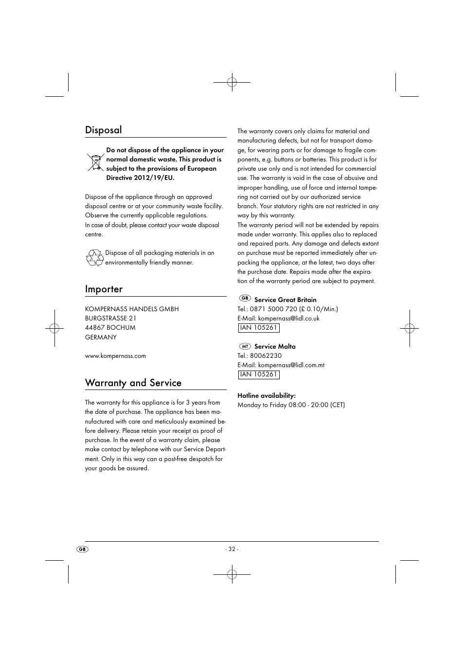 Disposal, Importer, Warranty and service | Silvercrest SMZ 260 G1 User Manual | Page 35 / 44