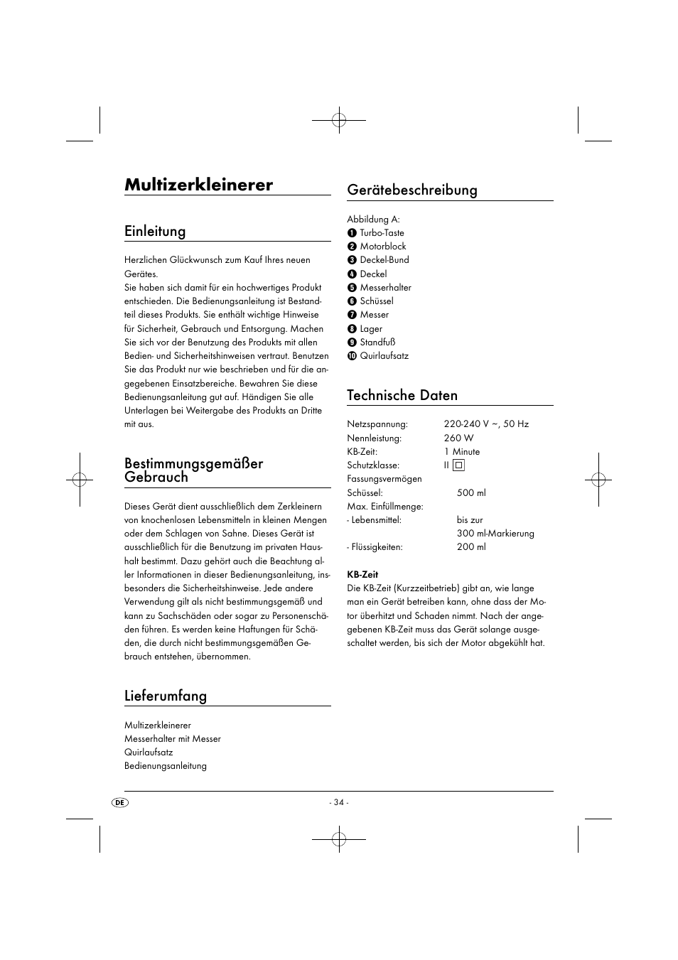 Multizerkleinerer, Einleitung, Bestimmungsgemäßer gebrauch | Lieferumfang, Gerätebeschreibung, Technische daten | Silvercrest SMZ 260 G1 User Manual | Page 37 / 44