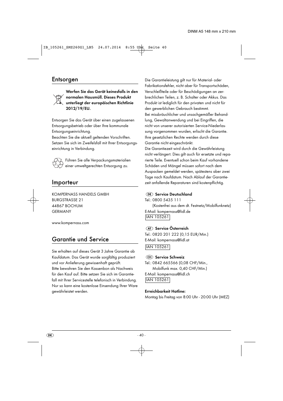 Entsorgen, Importeur, Garantie und service | Silvercrest SMZ 260 G1 User Manual | Page 43 / 44