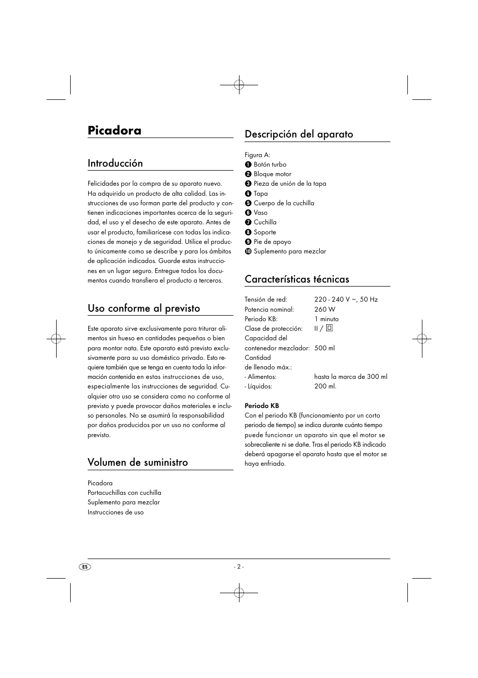 Picadora, Introducción, Uso conforme al previsto | Volumen de suministro, Descripción del aparato, Características técnicas | Silvercrest SMZ 260 G1 User Manual | Page 5 / 44