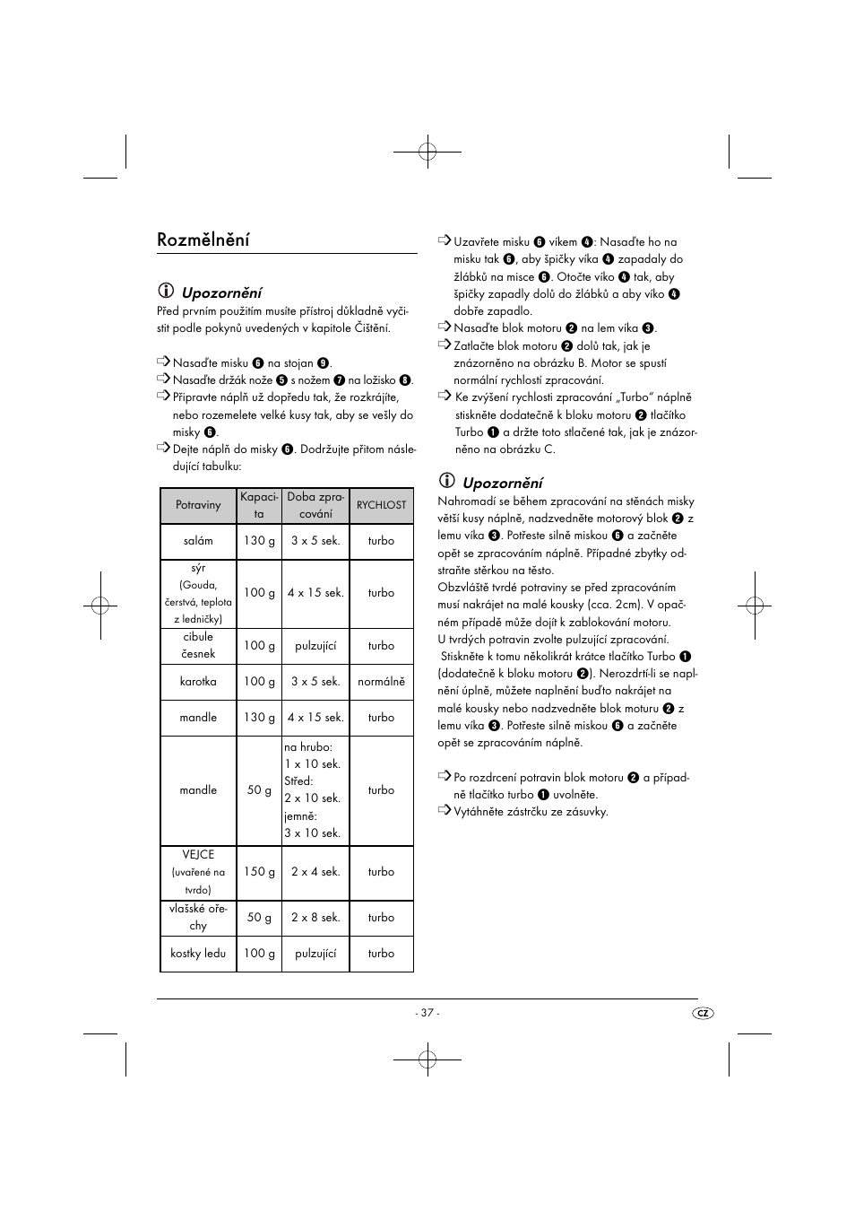 Rozmělnění, Upozornění | Silvercrest SMZ 260 G1 User Manual | Page 40 / 60