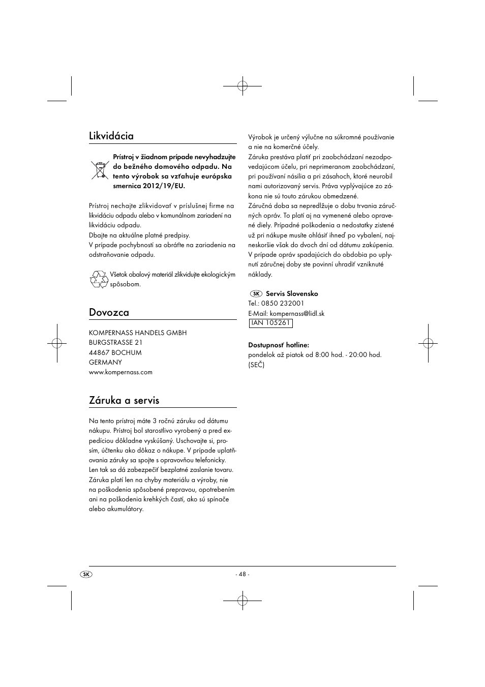Likvidácia, Dovozca, Záruka a servis | Silvercrest SMZ 260 G1 User Manual | Page 51 / 60