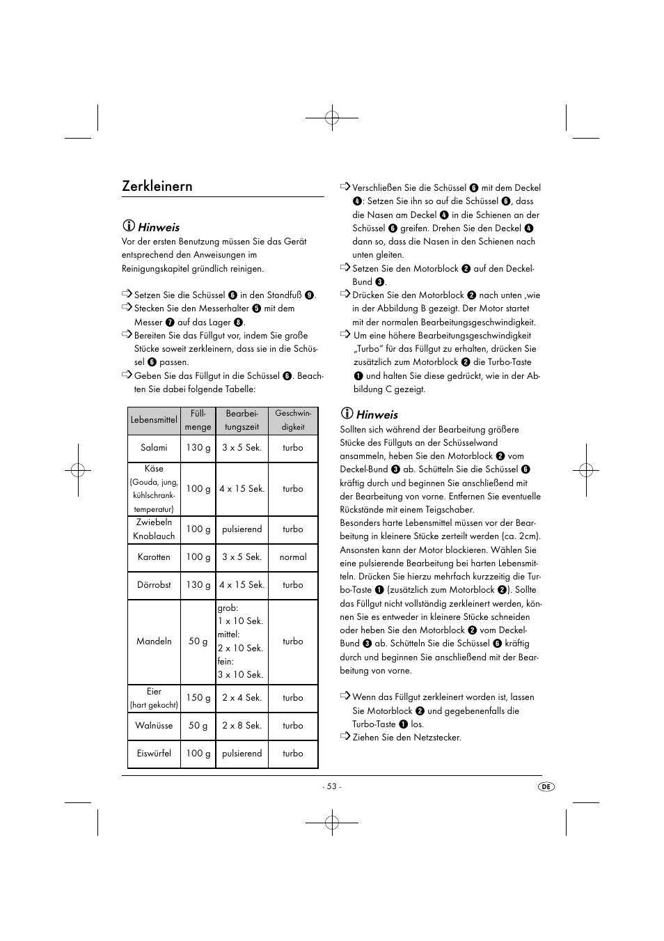 Zerkleinern, Hinweis | Silvercrest SMZ 260 G1 User Manual | Page 56 / 60