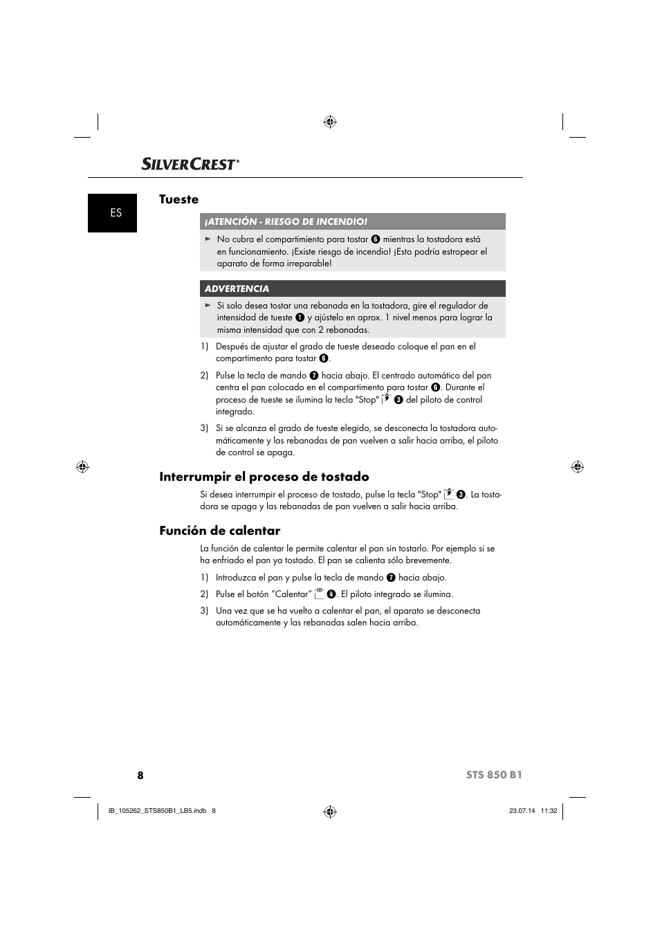 Tueste, Interrumpir el proceso de tostado, Función de calentar | Silvercrest STS 850 C1 User Manual | Page 11 / 64