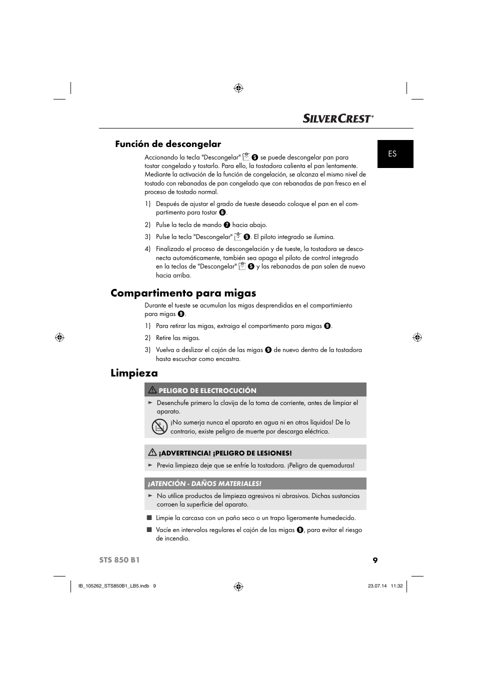 Compartimento para migas, Limpieza, Función de descongelar | Silvercrest STS 850 C1 User Manual | Page 12 / 64