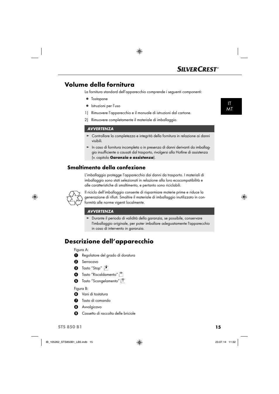 Volume della fornitura, Descrizione dell’apparecchio, Smaltimento della confezione | It mt | Silvercrest STS 850 C1 User Manual | Page 18 / 64