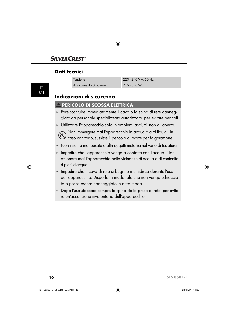 Dati tecnici, Indicazioni di sicurezza, Pericolo di scossa elettrica | Silvercrest STS 850 C1 User Manual | Page 19 / 64