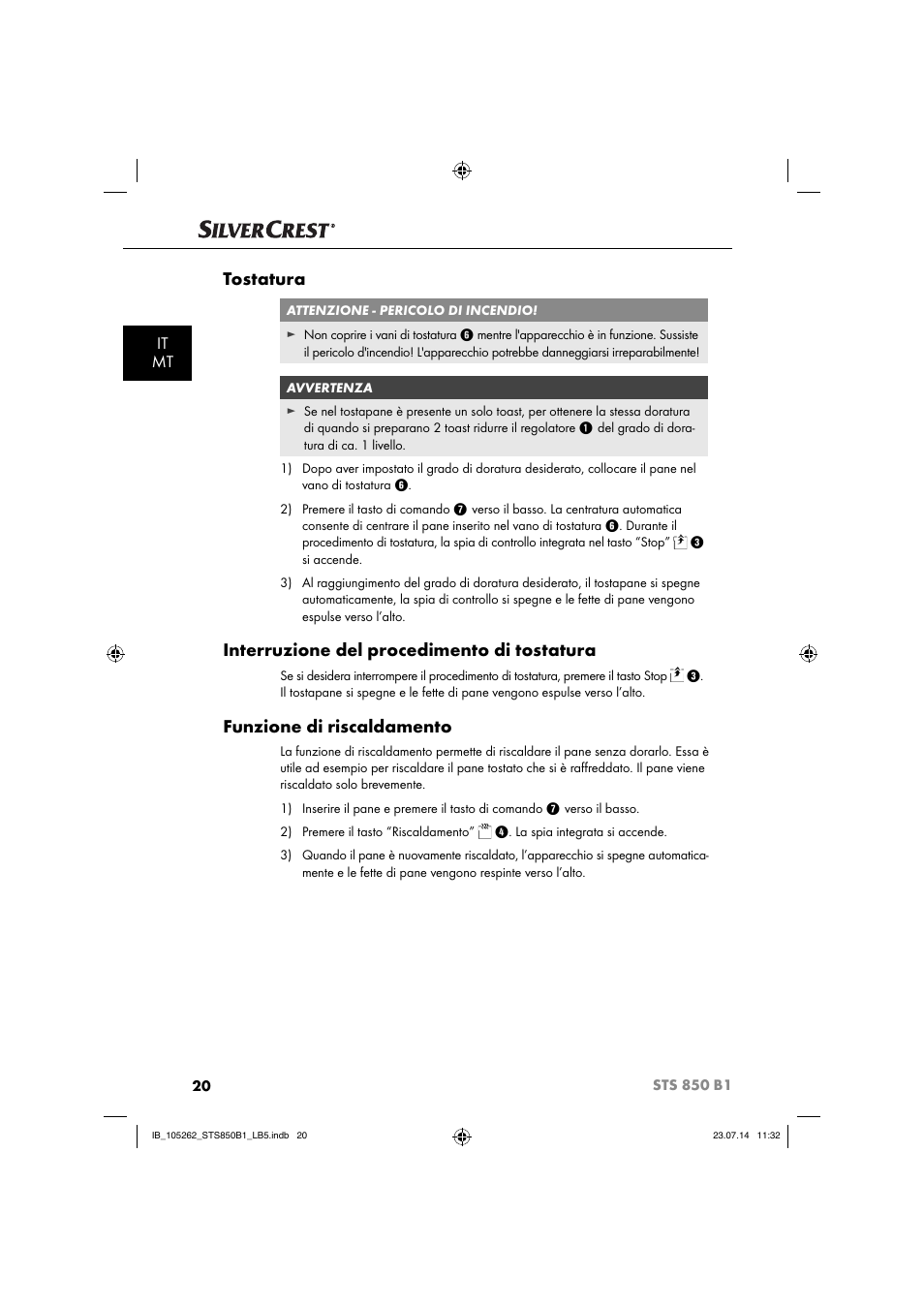 Tostatura, Interruzione del procedimento di tostatura, Funzione di riscaldamento | It mt | Silvercrest STS 850 C1 User Manual | Page 23 / 64