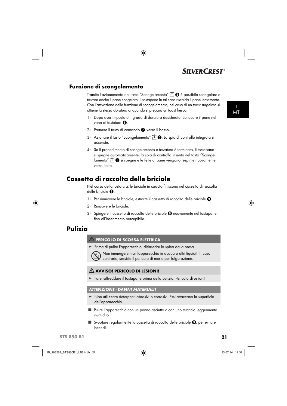 Cassetto di raccolta delle briciole, Pulizia, Funzione di scongelamento | It mt | Silvercrest STS 850 C1 User Manual | Page 24 / 64