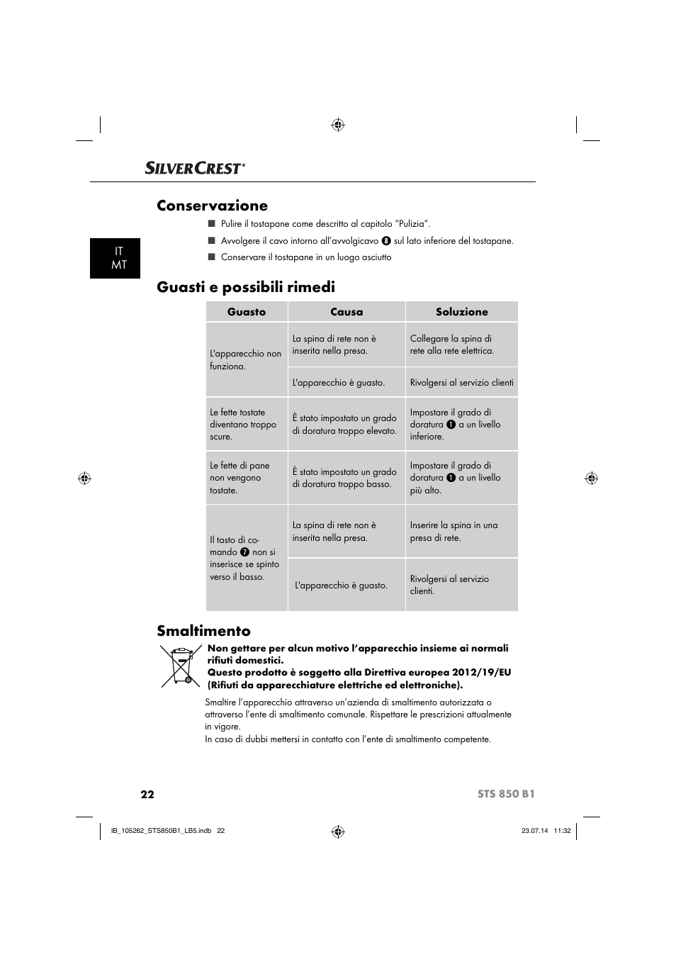 Conservazione, Guasti e possibili rimedi, Smaltimento | It mt | Silvercrest STS 850 C1 User Manual | Page 25 / 64