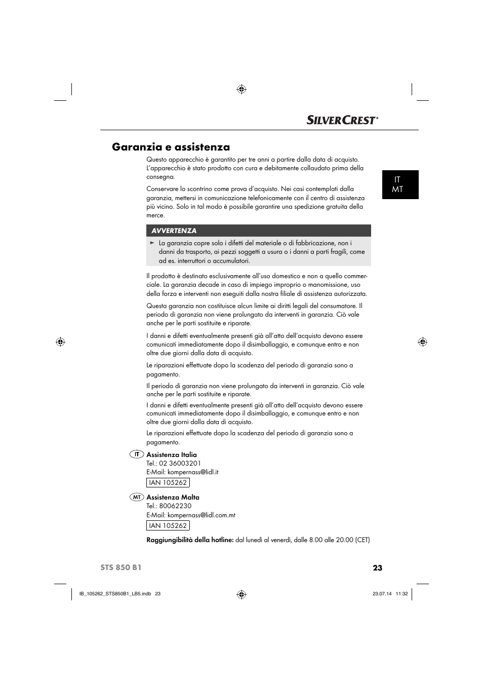 Garanzia e assistenza, It mt | Silvercrest STS 850 C1 User Manual | Page 26 / 64