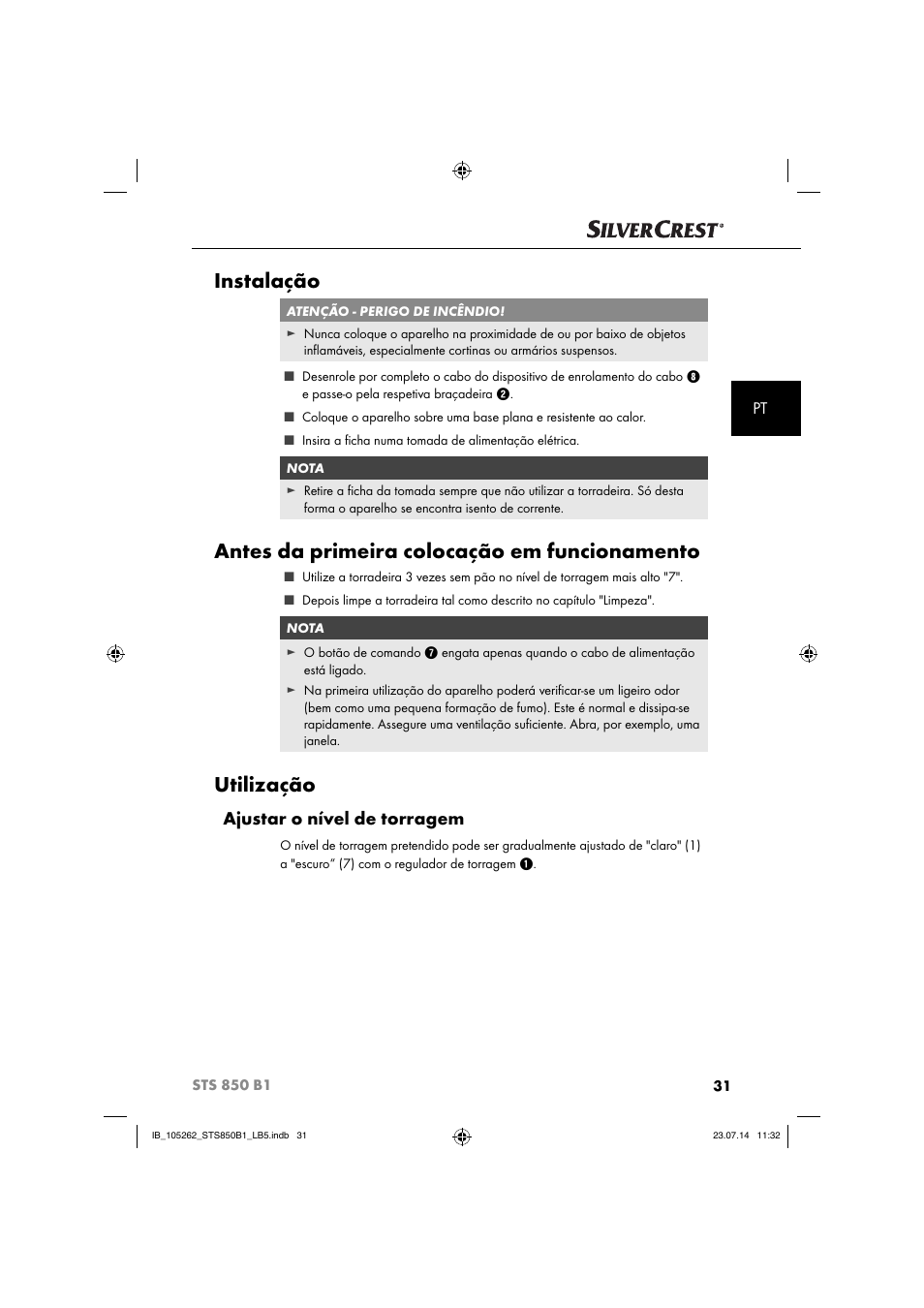 Instalação, Antes da primeira colocação em funcionamento, Utilização | Ajustar o nível de torragem | Silvercrest STS 850 C1 User Manual | Page 34 / 64