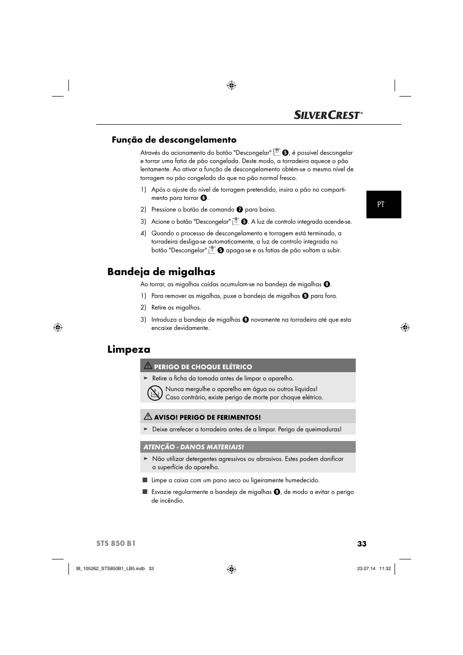 Bandeja de migalhas, Limpeza, Função de descongelamento | Silvercrest STS 850 C1 User Manual | Page 36 / 64