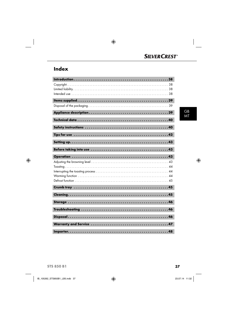 Index, Gb mt | Silvercrest STS 850 C1 User Manual | Page 40 / 64