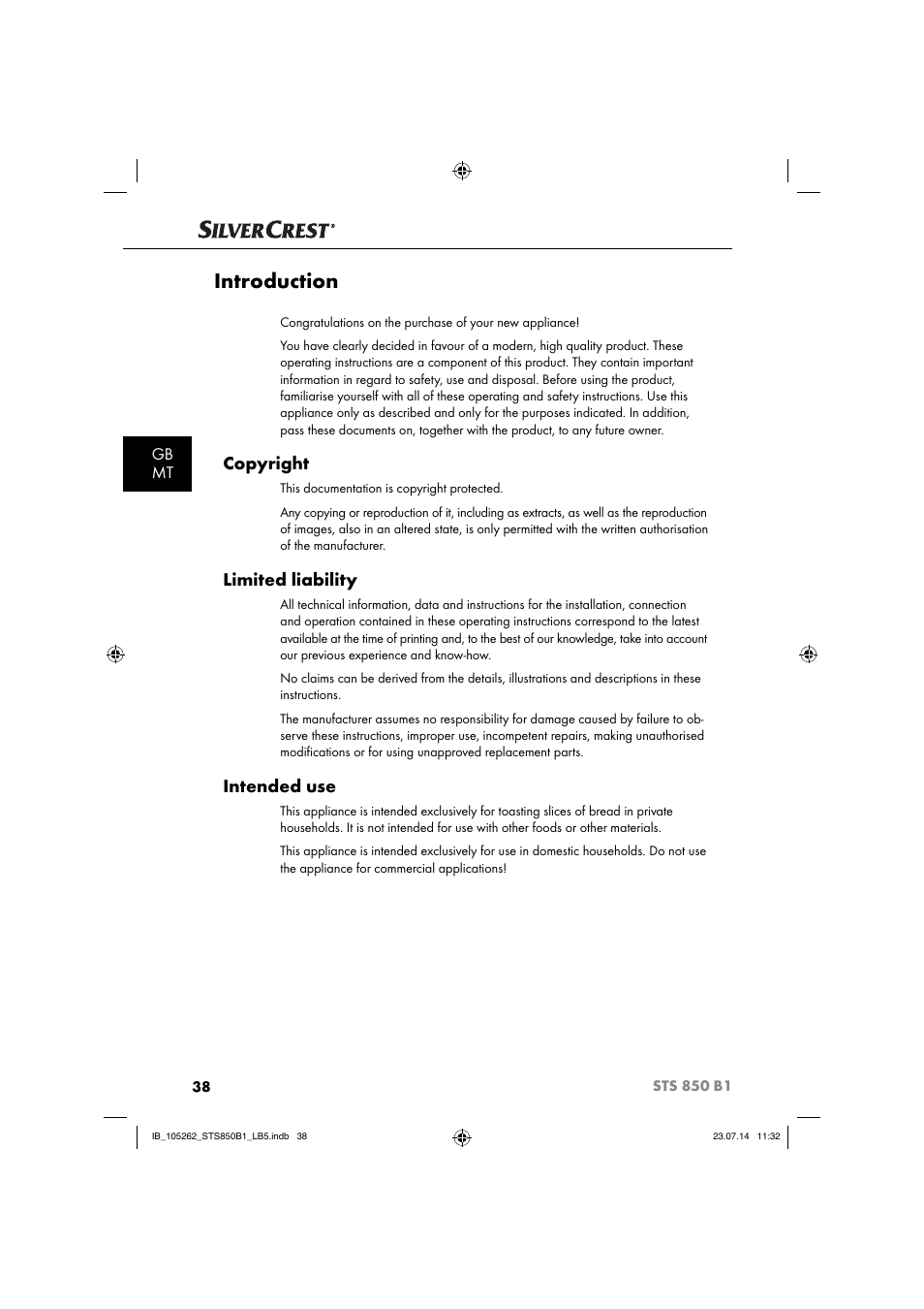 Introduction, Copyright, Limited liability | Intended use, Gb mt | Silvercrest STS 850 C1 User Manual | Page 41 / 64