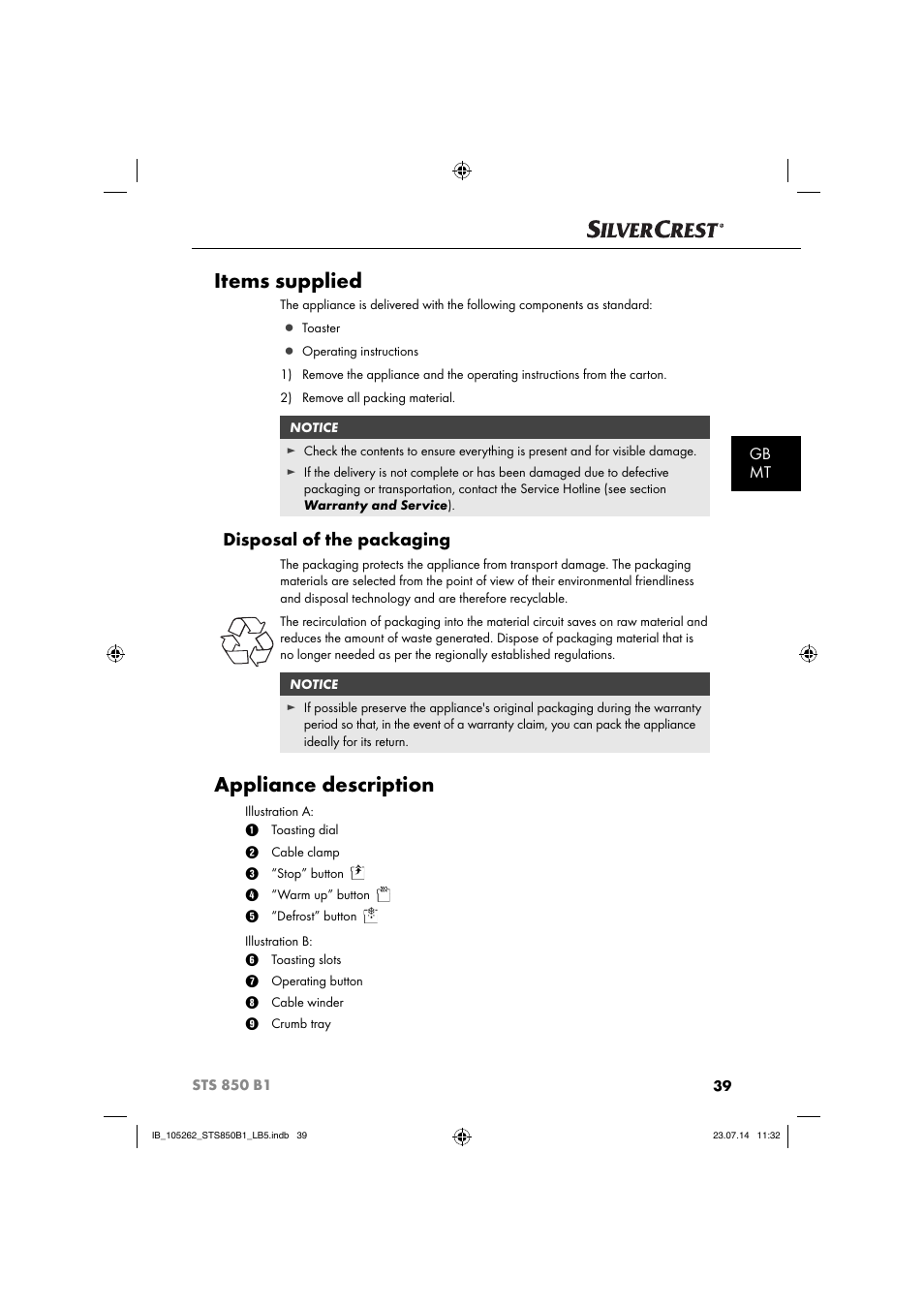 Items supplied, Appliance description, Disposal of the packaging | Gb mt | Silvercrest STS 850 C1 User Manual | Page 42 / 64