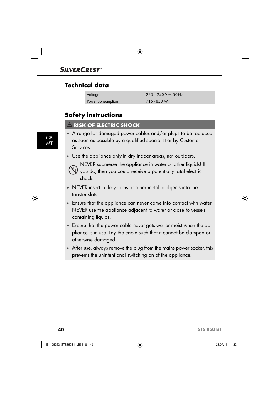 Technical data, Safety instructions, Risk of electric shock | Silvercrest STS 850 C1 User Manual | Page 43 / 64