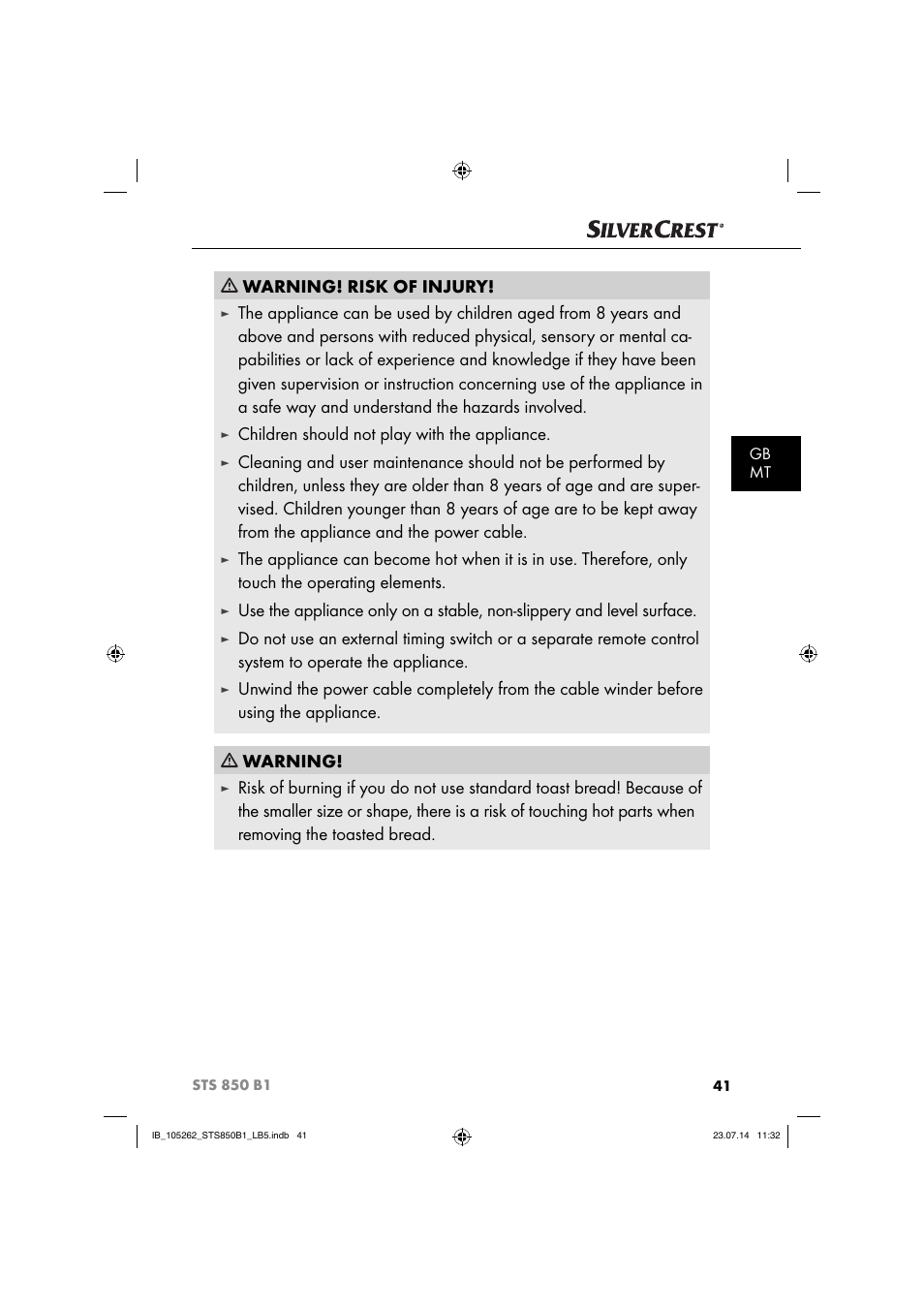 Warning! risk of injury, Children should not play with the appliance, Gb mt | Silvercrest STS 850 C1 User Manual | Page 44 / 64