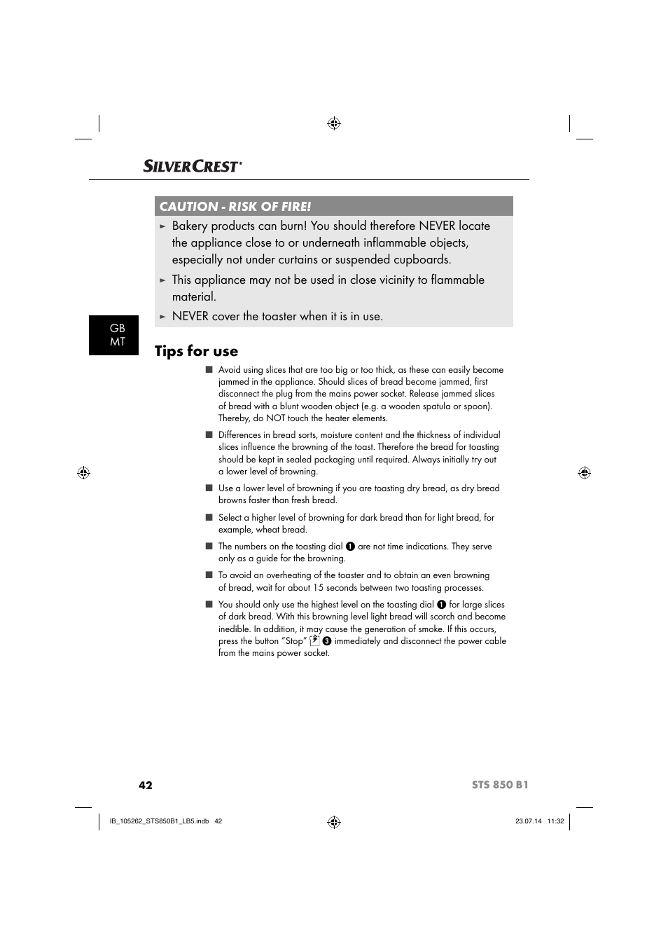 Tips for use, Caution - risk of fire, Never cover the toaster when it is in use | Gb mt | Silvercrest STS 850 C1 User Manual | Page 45 / 64