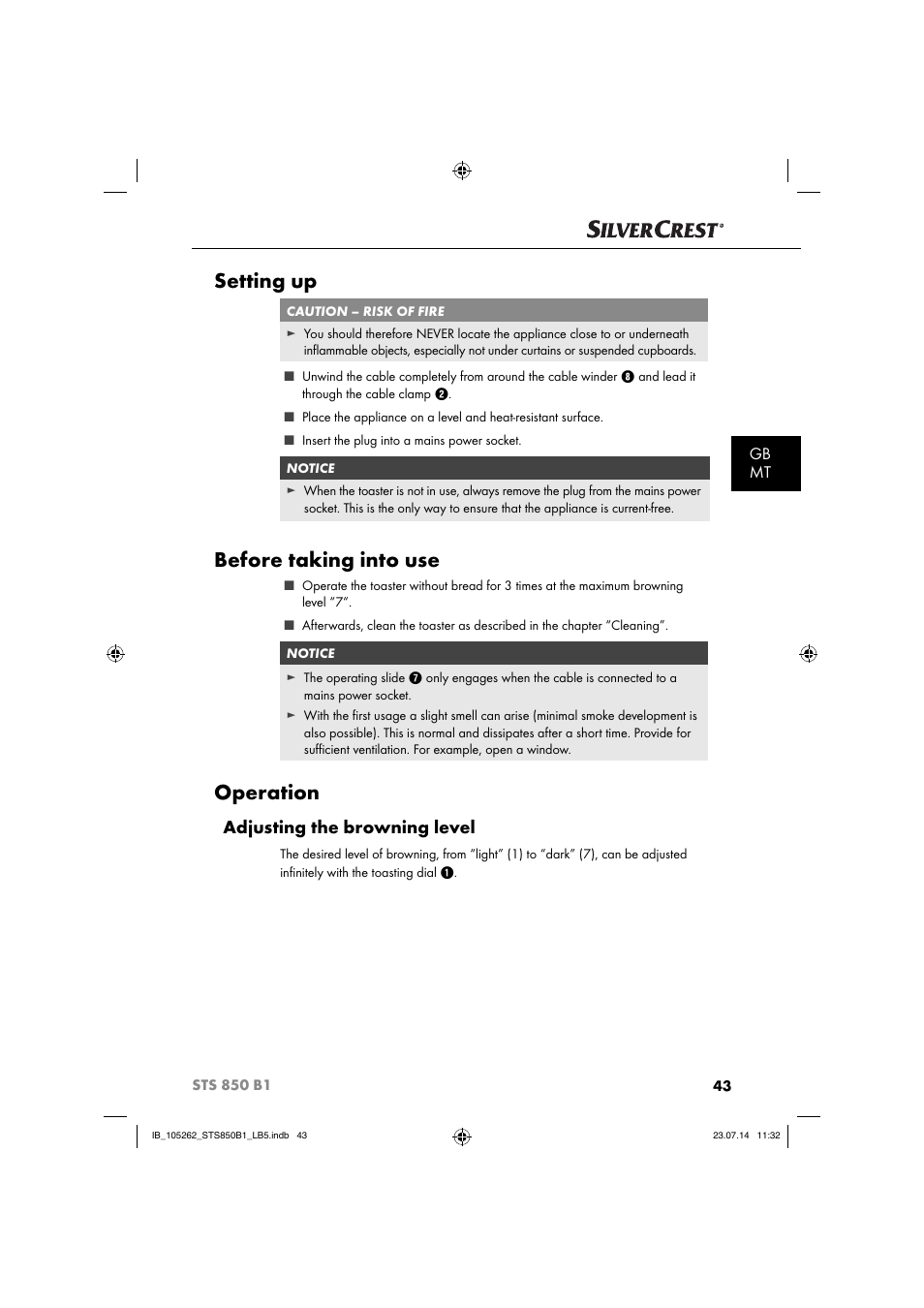 Setting up, Before taking into use, Operation | Adjusting the browning level, Gb mt | Silvercrest STS 850 C1 User Manual | Page 46 / 64