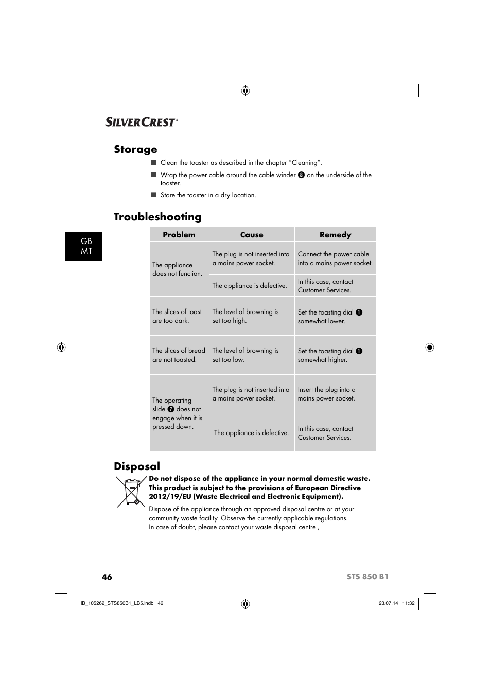 Storage, Troubleshooting, Disposal | Gb mt | Silvercrest STS 850 C1 User Manual | Page 49 / 64