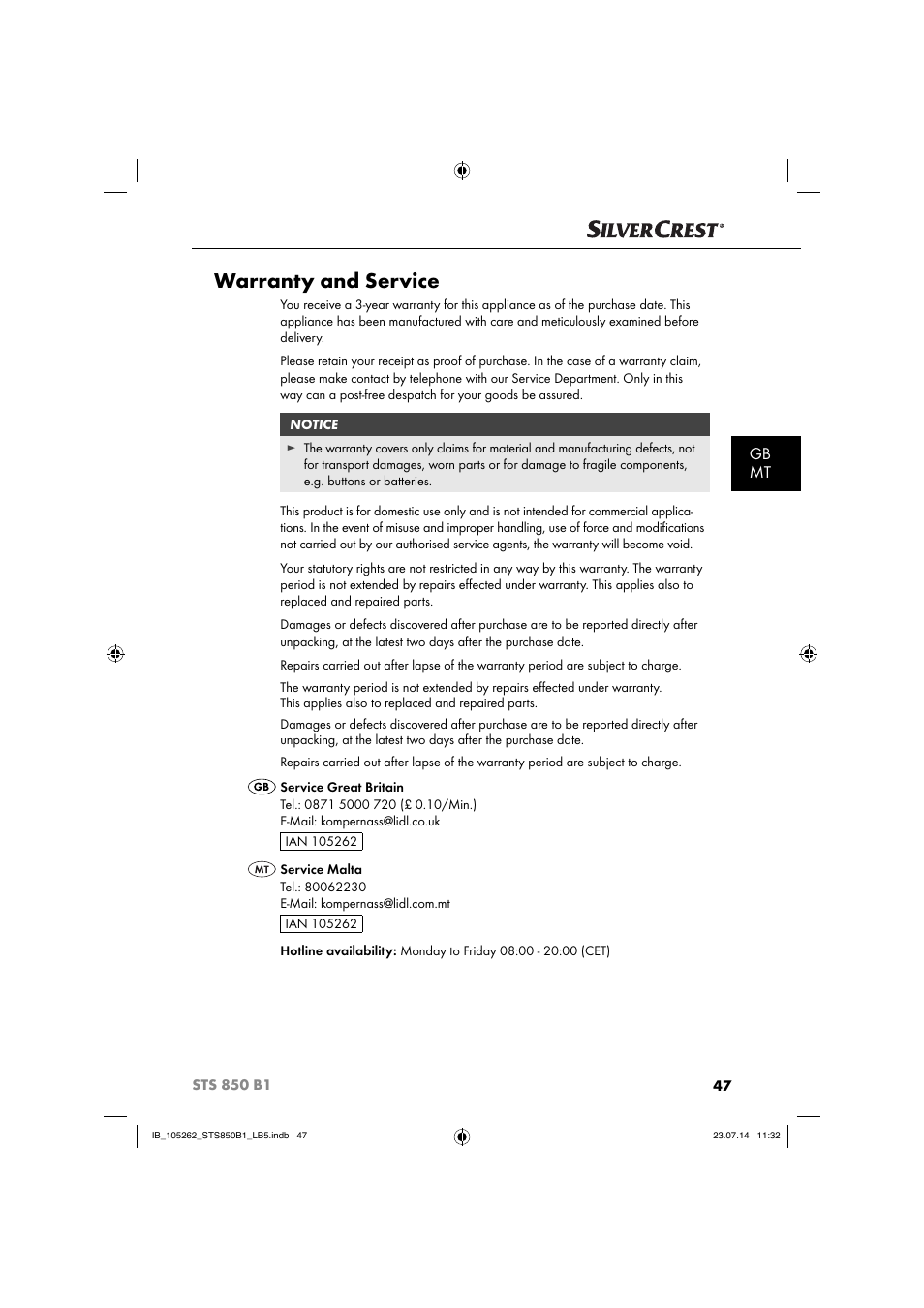 Warranty and service, Gb mt | Silvercrest STS 850 C1 User Manual | Page 50 / 64