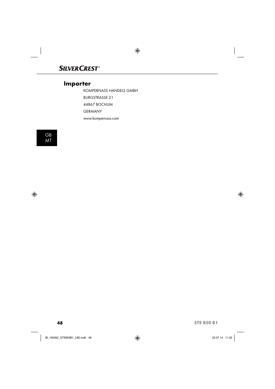 Importer, Gb mt | Silvercrest STS 850 C1 User Manual | Page 51 / 64