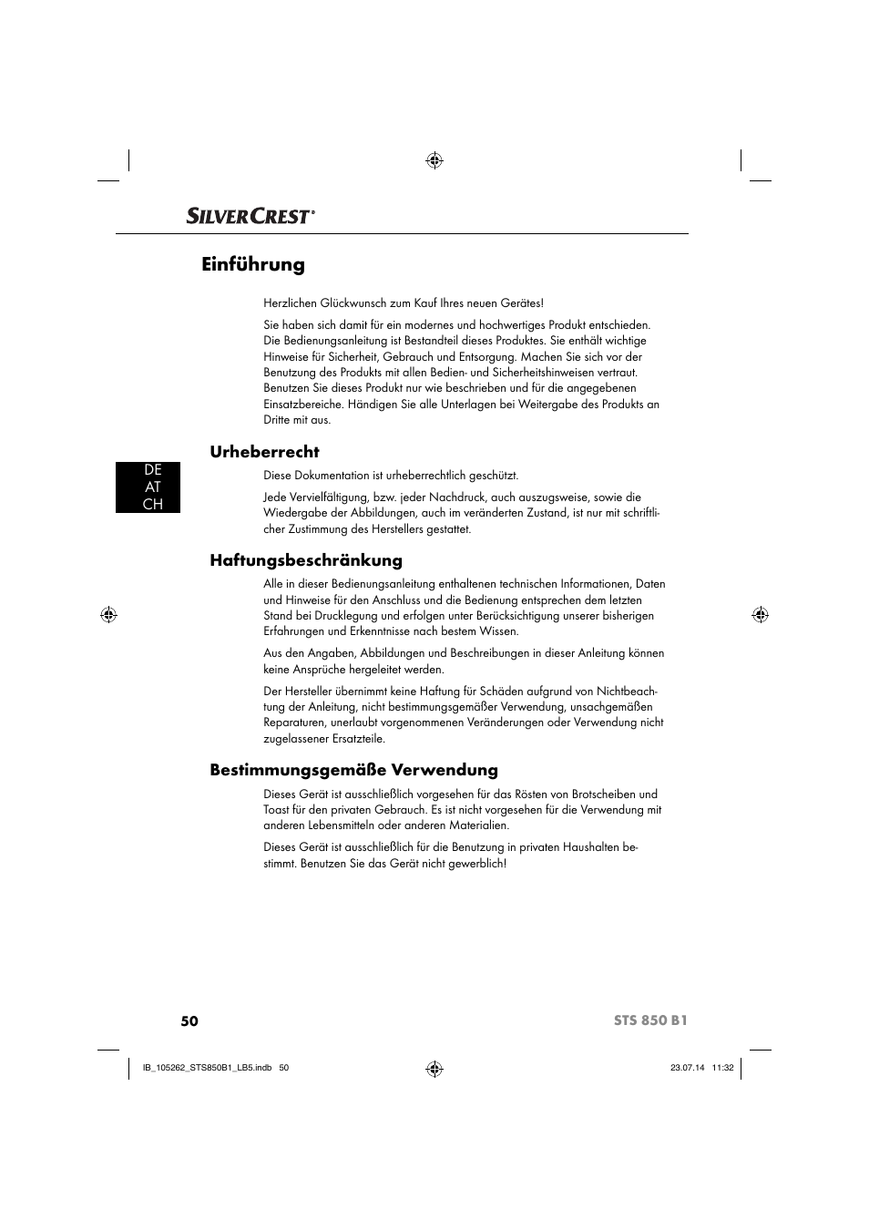 Einführung, Urheberrecht, Haftungsbeschränkung | Bestimmungsgemäße verwendung, De at ch | Silvercrest STS 850 C1 User Manual | Page 53 / 64