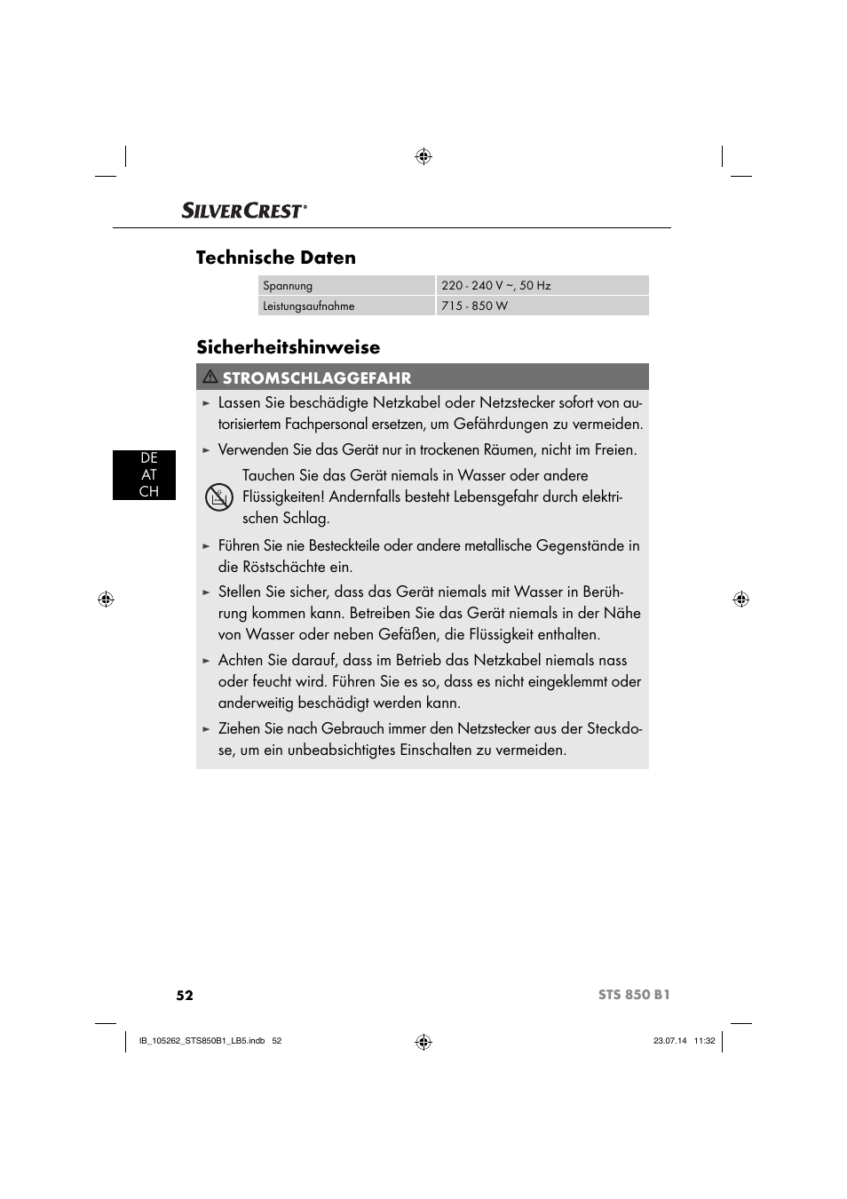 Technische daten, Sicherheitshinweise, Stromschlaggefahr | Silvercrest STS 850 C1 User Manual | Page 55 / 64
