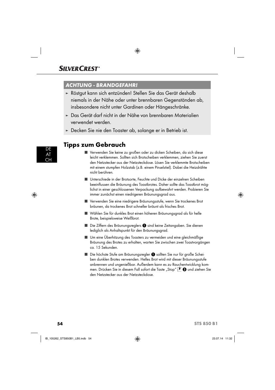 Tipps zum gebrauch, Achtung - brandgefahr, De at ch | Silvercrest STS 850 C1 User Manual | Page 57 / 64