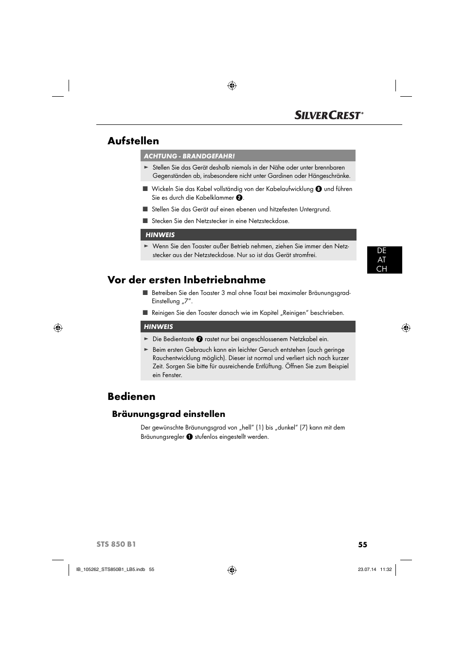Aufstellen, Vor der ersten inbetriebnahme, Bedienen | Bräunungsgrad einstellen, De at ch | Silvercrest STS 850 C1 User Manual | Page 58 / 64