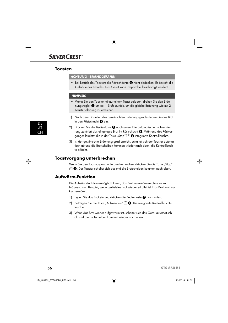 Toasten, Toastvorgang unterbrechen, Aufwärm-funktion | De at ch | Silvercrest STS 850 C1 User Manual | Page 59 / 64
