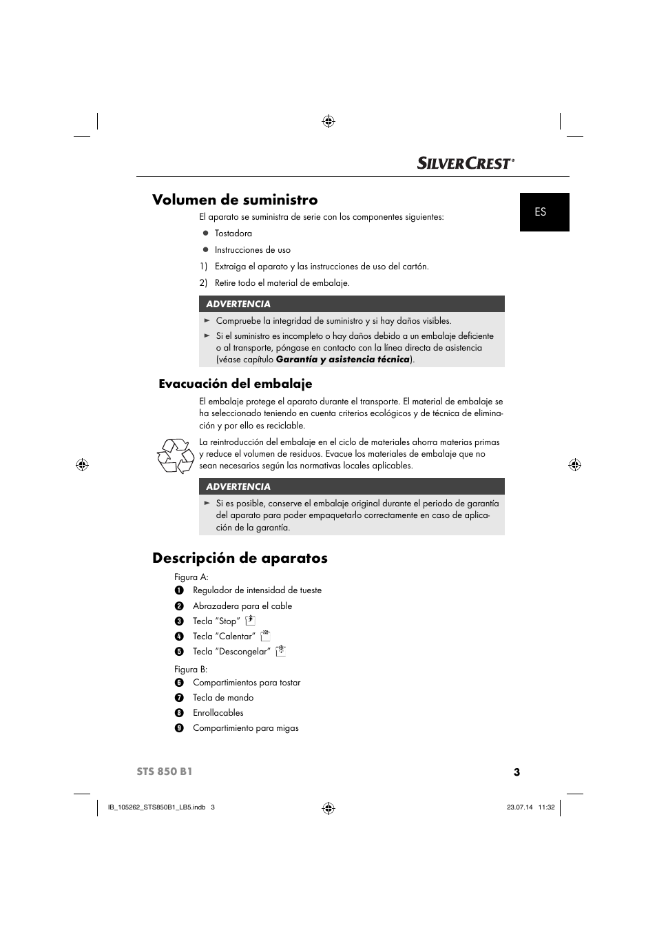 Volumen de suministro, Descripción de aparatos, Evacuación del embalaje | Silvercrest STS 850 C1 User Manual | Page 6 / 64