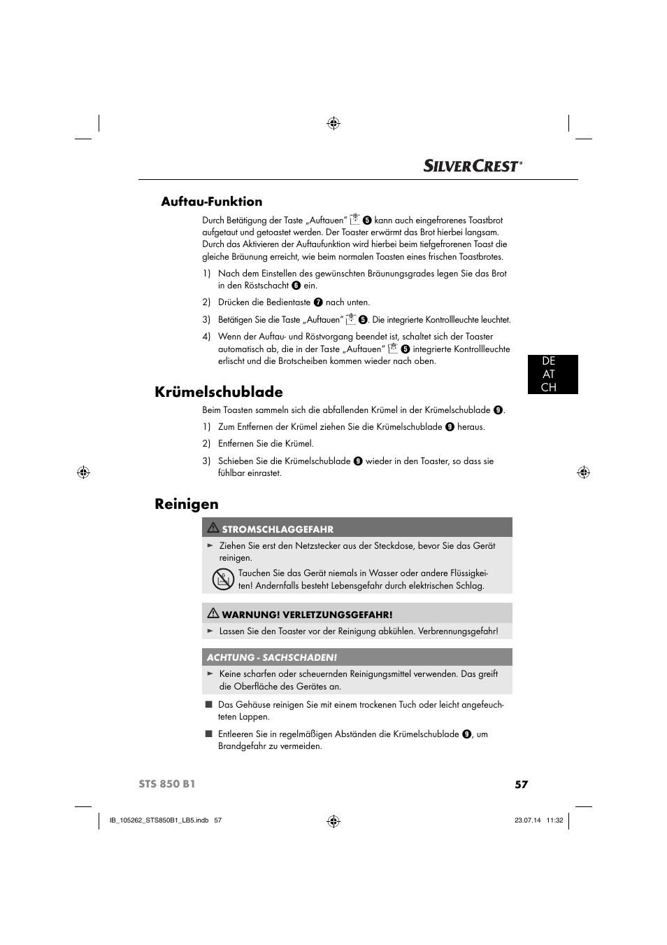 Krümelschublade, Reinigen, Auftau-funktion | De at ch | Silvercrest STS 850 C1 User Manual | Page 60 / 64