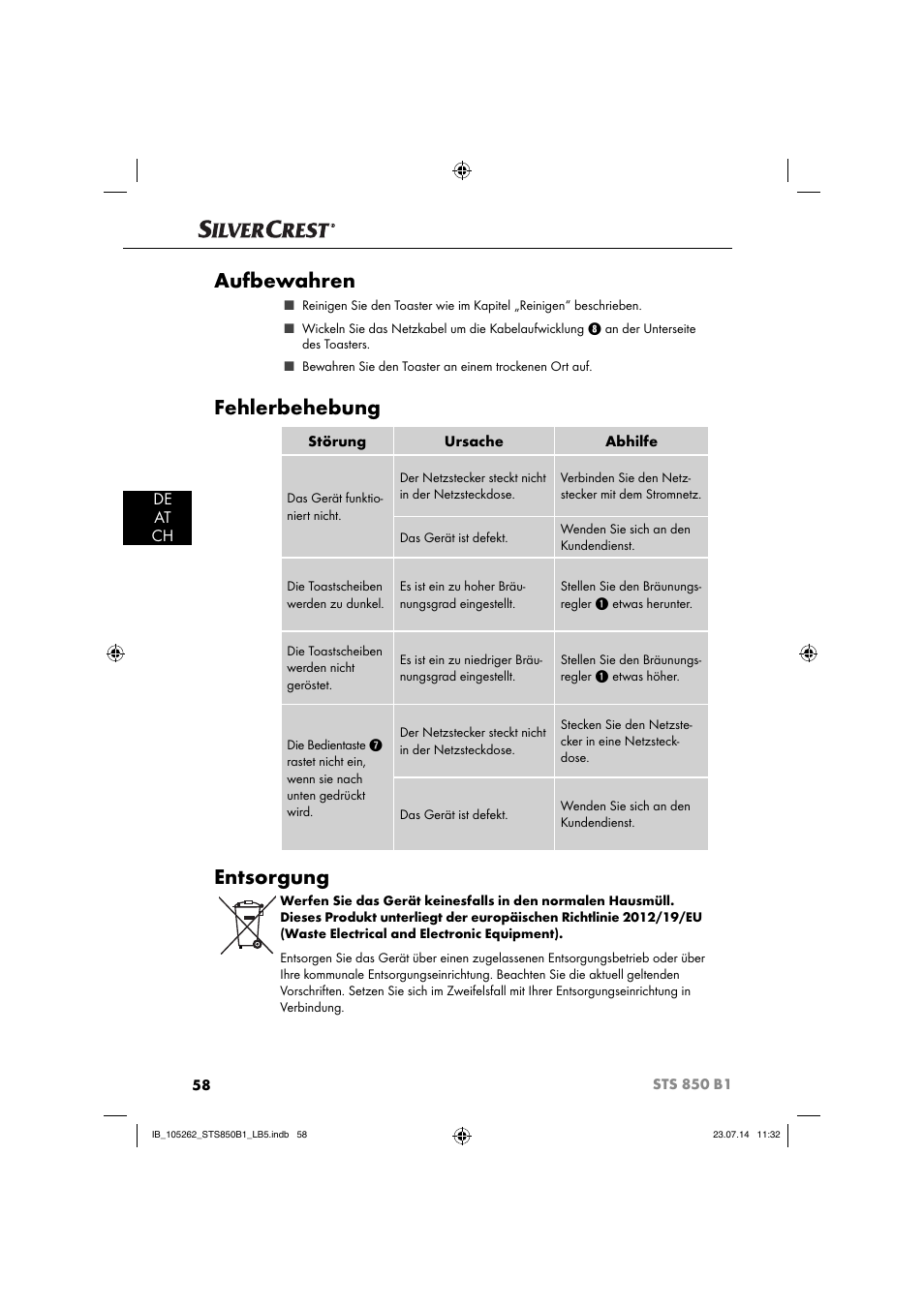 Aufbewahren, Fehlerbehebung, Entsorgung | De at ch | Silvercrest STS 850 C1 User Manual | Page 61 / 64